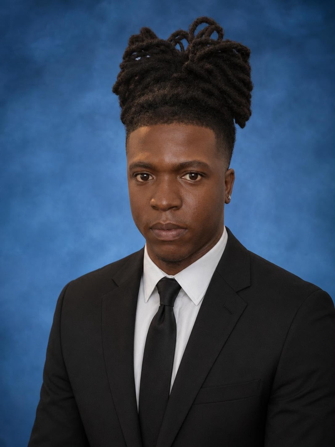 Mr. R. StCyr, Royalty’s Grade 12 homeroom teacher and junior and senior basketball coach, in a black suit and tie against a blue background.